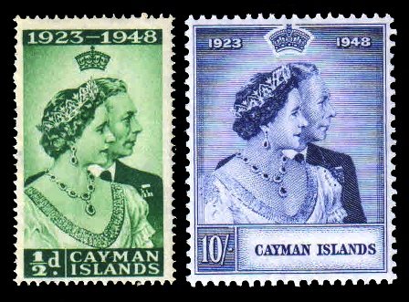 CAYMAN ISLAND 1948 - Royal Silver Wedding, King George VI and Queen Elizabeth, Set of 2 MNH, White Gum, S.G. 129-130
