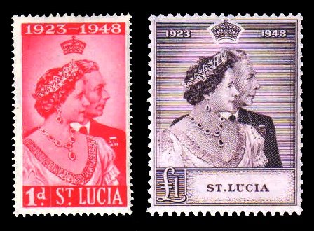 ST. LUCIA 1948 - Royal Silver Wedding, King George VI and Queen Elizabeth, Set of 2 MNH, White Gum, S.G. 144-145