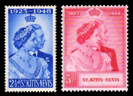 ST. KITTS NEVIS 1948 - Royal Silver Wedding, King George VI and Queen Elizabeth, Set of 2, MNH, White Gum, S.G. 80-81