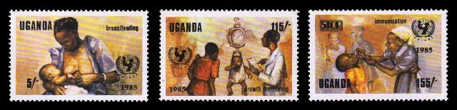 UGANDA 1985 - UNICEF Child Survival Campaign, Breast Feeding , Set of 3 Stamps, MNH, S.G. 473-75, Cat £ 4