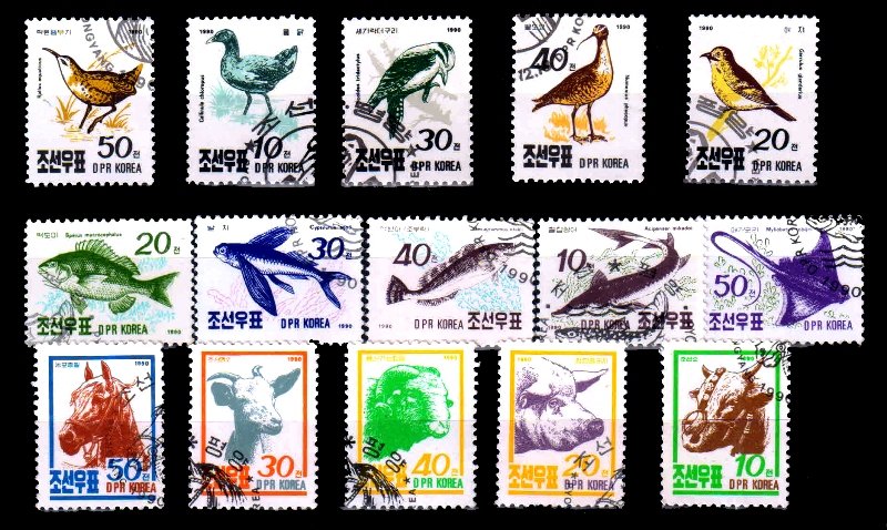 KOREA NORTH - 15 Different, Birds, Fishes, Animals, Cancelled Stamps