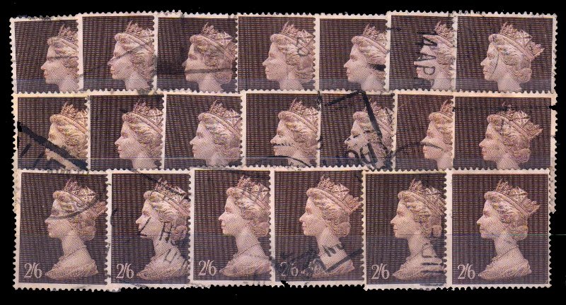 GREAT BRITAIN 1969 - England, Portrait of Queen Elizabeth, 2 Shilling 6 Pence Value, Fine Used, Round Cancellation, Lot of 20 Copies, S.G. 787