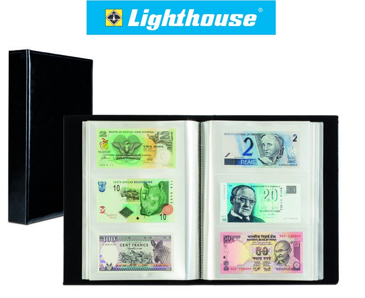 Lighthouse Banknote Album For 300 Banknotes, Black leatherette Cover with 100 Clear Pages, Pocket Size- 184 x 97mm, Currency Album Made In Germany
