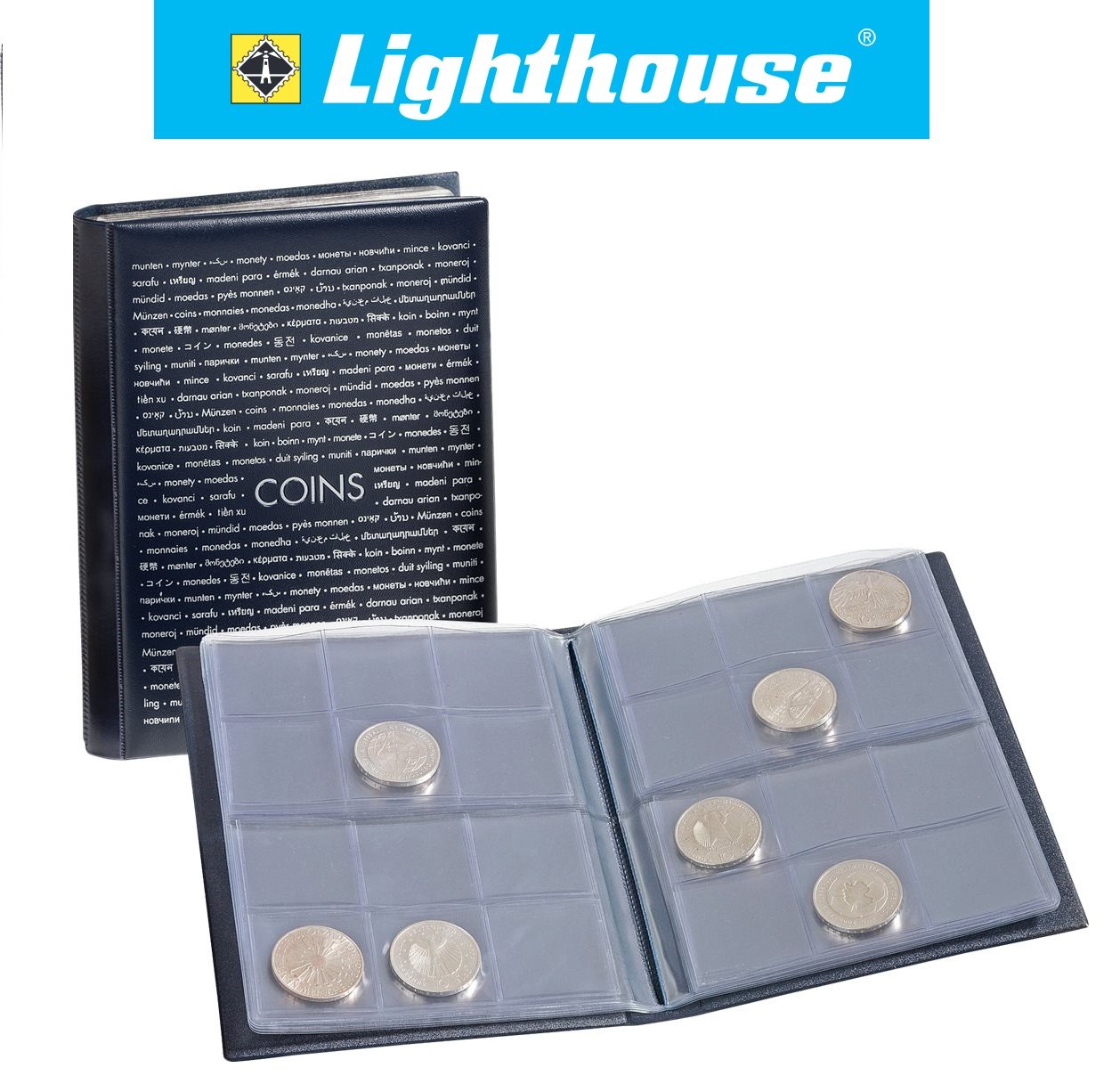 Lighthouse ROUTE Album For 96 Coins, Pocket Album With Padded Cover With 8 Clear Sheets, 12 Pockets per Sheet For Upto 33mm Diameter Coins, Coin Album Made In Germany