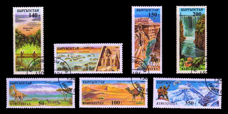 KYRGYZSTAN 1995 - Natural Wonders of the World, River Nile, Mount Kilimanjaro Sahara Desert, Amazon River, Grand Canyon, Victoria Fall, Mount Everest, Set of 7, Used, S.G. 98-104, Cat. Value � 5.25