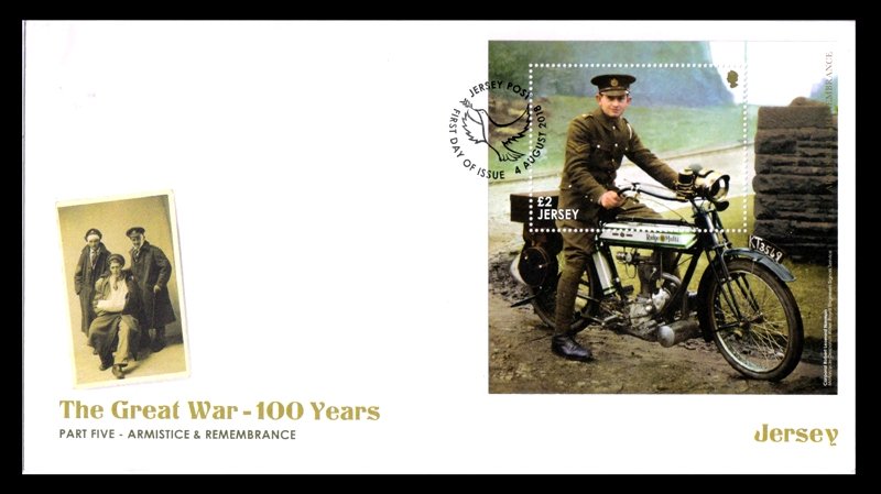 JERSEY 2018 - The Great War, 100 Years, Corporal Robert Leonard Norman, Motorcycle Despatch Rider, Miniature Sheet of First Day Cover, S.G. MS 2293