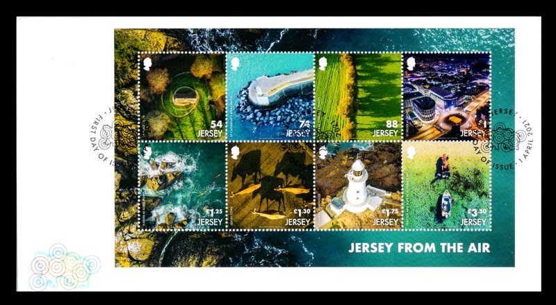 JERSEY 2021 - Jersey from the AIR, Light House Cow, Field in Sunlight, Set of 8 Stamps M/S on First Day Cover, S.G. MS 2538-2545, Face � 12.50