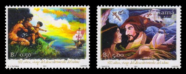 PANAMA 2002 - 500th Anniversary of Discovery of Panama Isthmus, Natives and Ship, Spanish Conquistador, Set of 2 Stamps, MNH, S.G. 1668-1669, Cat. £ 21.00