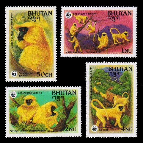 BHUTAN 1984 - Endangered Species, WWF, Golden Langur Family in Tree, Set of 4, MNH, S.G. 521-524, Cat. Value � 9