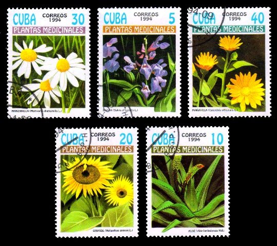CUBA 1994 - Medicinal Plants, Sage, Sunflower, Pot marigold, Set of 5 Stamps, Used, S.G. 3882-3886
