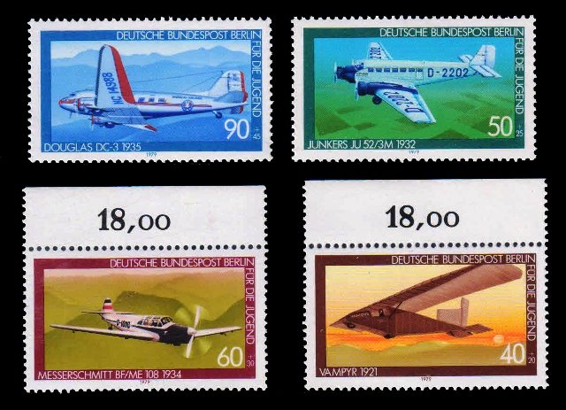 GERMANY BERLIN 1979 - History of Aviation, Aircraft and Glides, Set of 4, MNH Stamps, S.G. 567-570, Cat. Value £ 7.40