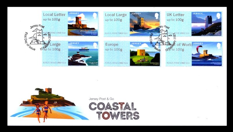 JERSEY 2021 - Coastal Towers, Set of 6 Stamps on First Day Covers, Face Value £ 6.44