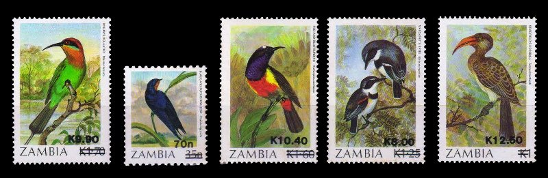 ZAMBIA 1989 - Birds, Various Stamp Surcharged, 5 Different Stamps, MNH As Per Scan, S.G. 587-592, Cat. Value £ 9