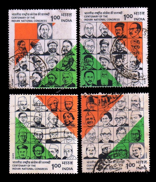 INDIA 1985 - Centenary of Indian National Congress, Portraits of Congress President, Set of 4, Used, Se-tenant Mahatma Gandhi, J.L. Nehru, Indira Gandhi 