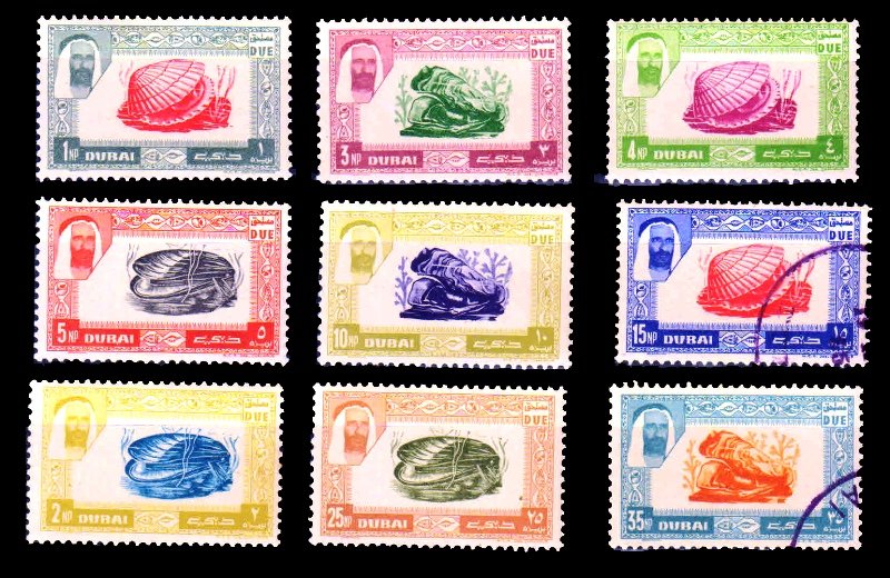 DUBAI 1963 - Postage Due Stamps, European Cockle, Blue Mussel, Portuguese Oyster, Set of 9 Stamps, Mint and Used As Per Scan, S.G. D26-D34, Cat. Value � 27