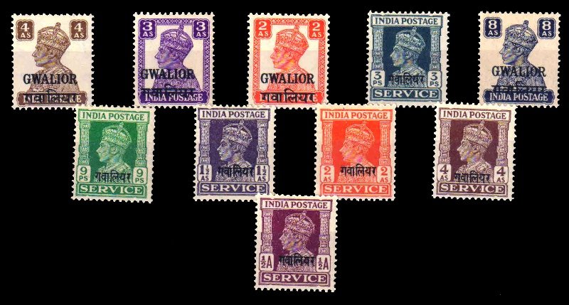 GWALIOR STATE - 10 Different Mint Stamps, King George VI, Pre 1945 Period, Cat. Value £ 21