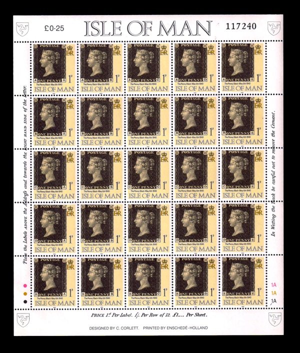ISLE OF MAN 1990 - 150th Anniversary of the Penny Black, Sheet Let of 25 Stamps, MNH, S.G. 442
