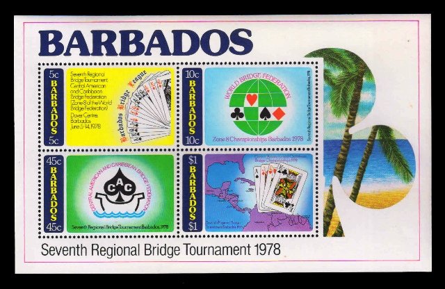 BARBADOS 1978 - 7th Regional Bridge Tournament, Playing Card, Map, Miniature Sheet of 4 Stamps, MNH, S.G. MS 604