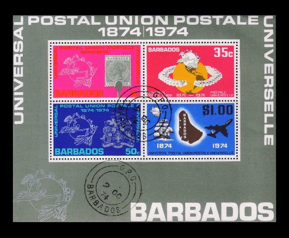 BARBADOS 1974 - Centenary of Universal Postal Union, Stamp on Stamp, Miniature Sheet of 4, MNH, First Day Cancellation, S.G. MS 505