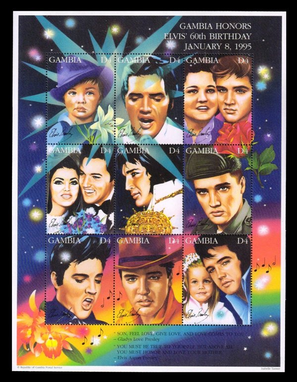 GAMBIA 1995 - 60th Birth Anniversary of Elvis Presley (Singer), Film, Cinema, Movie, Set of 9 Stamps On MS, S.G. 1929-1937