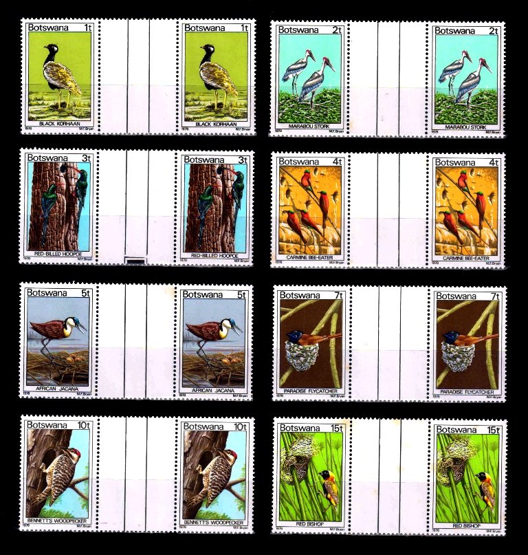 BOTSWANA 1978 - Birds, Flora and Fauna, Set of 8, Stamps with Gutter Pairs as per scan, MNH, S.G. 411-418