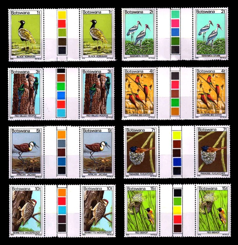 BOTSWANA 1978 - Birds, Flora and Fauna, Set of 8, Stamps Horizontal Pairs with Traffic Light, Gutter Margin as per scan, MNH, S.G. 411-418