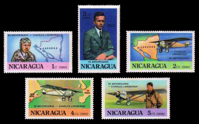 NICARAGUA 1977 - 50th Anniversary of Lindbergh Transatlantic Flight, Map and Aircraft, Set of 5, MNH, S.G. 2114-2118
