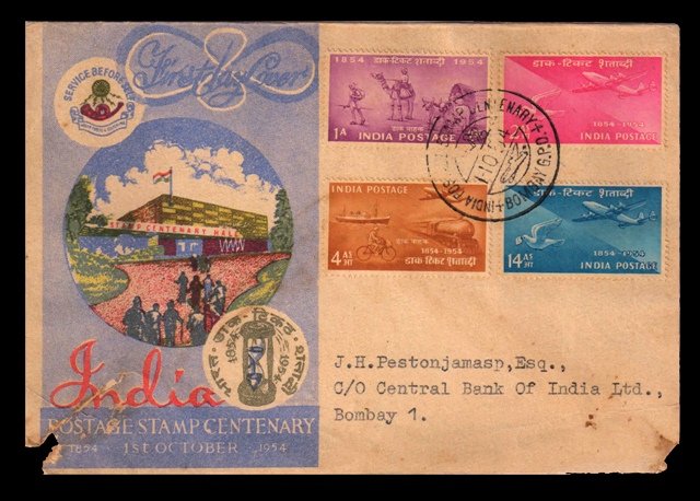 INDIA 1954 - Stamp Centenary, Set of 4 Stamps on First Day Cover, As Per Scan