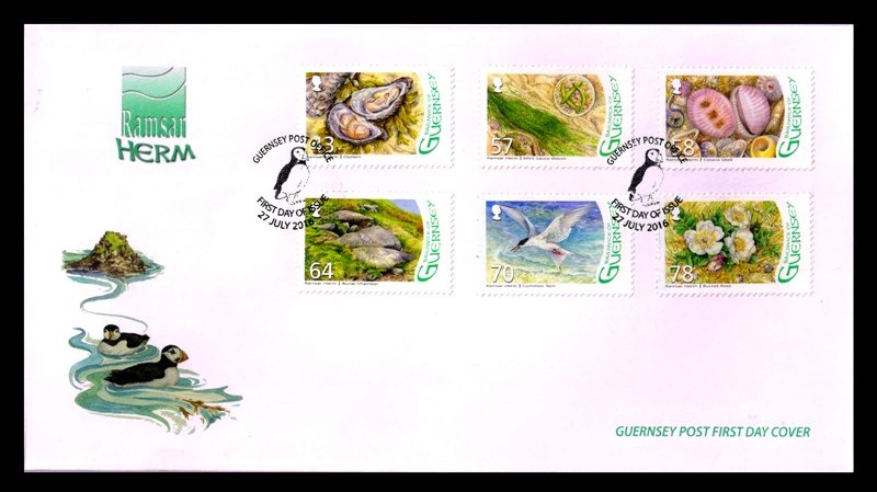 GUERNSEY 2016 - Ram Sar Herm, Shell, Rose, Set of 6 Stamps on First Day Cover, S.G. 1617-1622, Face � 4.50