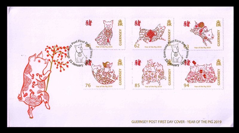 GUERNSEY 2019 - Year of the Pig, Chinese New Year, Set of 6 Stamps on First Day Cover, S.G. 1759-1764, Face � 5