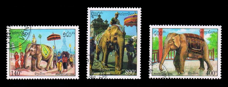 LAOS 1994 - Ceremonial Elephants, Big Animal, Set of 3, Used, S.G. 1418-1420, Cat. � 4
