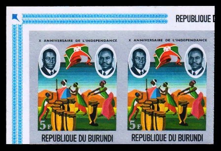 BURUNDI 1972 - Prince Rwagasore, President Micombero and Drummers, Corner Imperf Pair, Flag, Silver Printing, Musical Instrument, S.G. 758