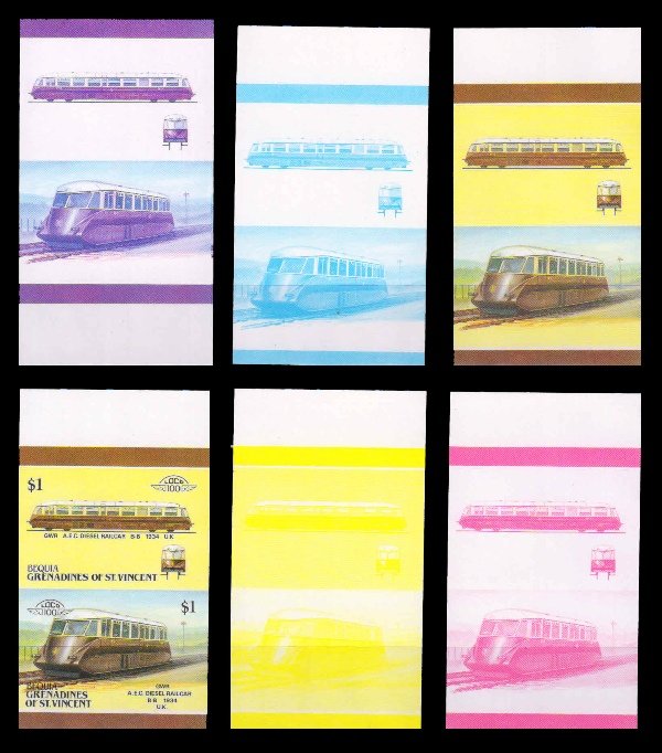 BEQUIA (Grenadines of St. Vincent) - Railway, Locomotives, Imperf, Progressive Colour Proof, Set of 6 Pairs, MNH