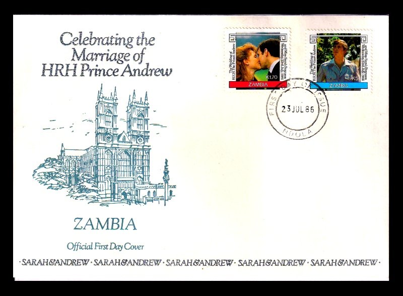 ZAMBIA 1986 - Royal Wedding Prince Andrew and Sarah, Set of 2 Stamps on First Day Cover