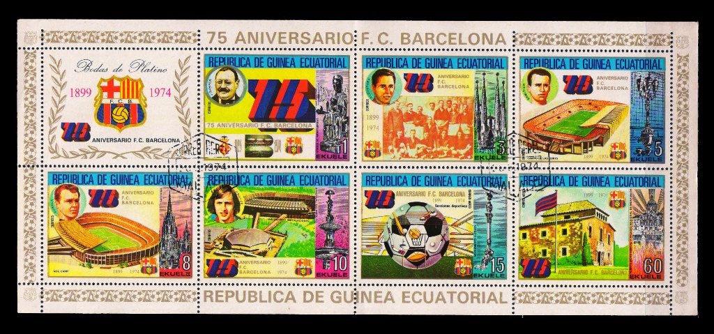EQUATORIAL GUINEA 1974 - Barcelona Football Club, 75th Anniversary Sheet of 7 Stamps + 1 Label as per scan Used
