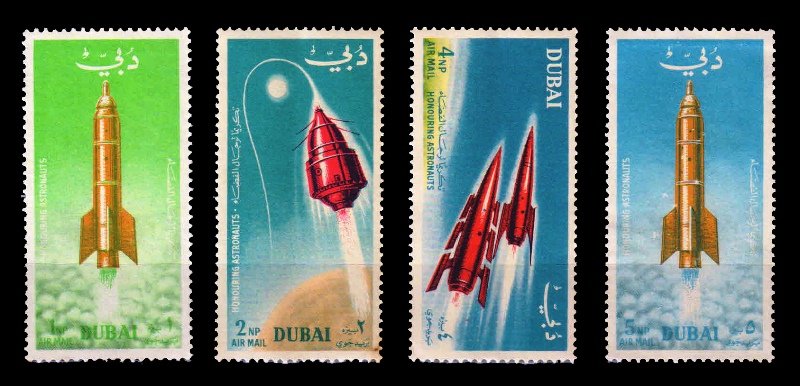 DUBAI 1964 - Honouring Astronauts, Rocket, Mercury Capsule, Space Crafts, Set of 4, Mint Stamps