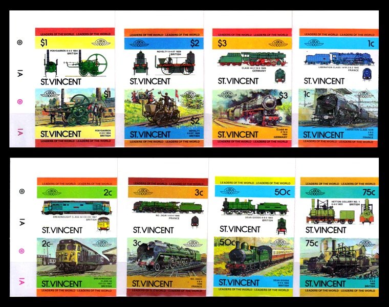 ST.VINCENT 1984 - Railway Locomotive, 2nd Series, 8 Pairs Imperf with Margin, MNH, S.G. 792-807