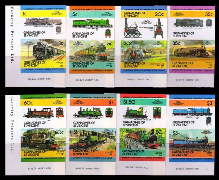 GRENADINES OF ST. VINCENT 1984 - Railway Locomotive, 8 Pairs Imperf with Side Margin, MNH, S.G. 311-326