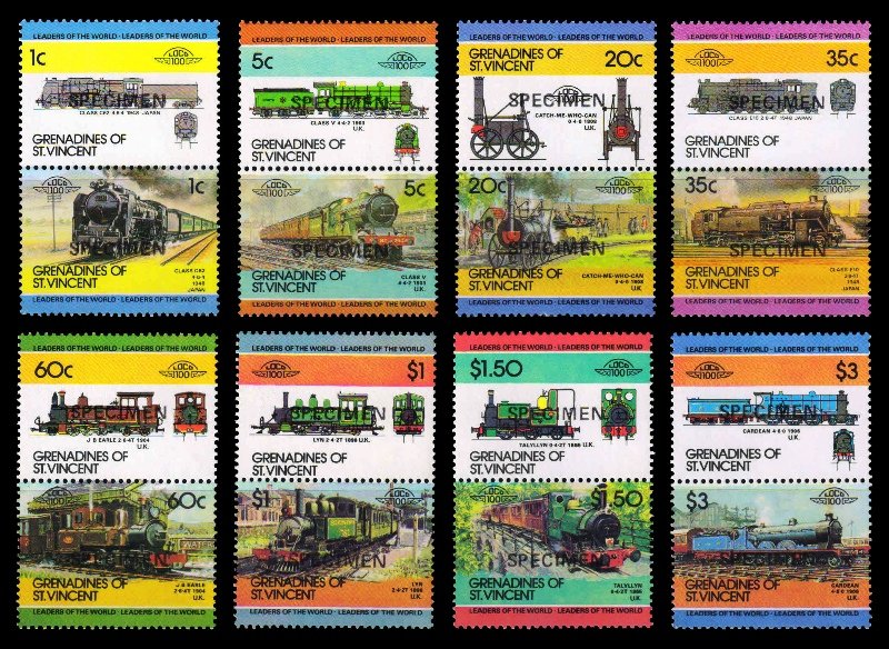 GRENADINES OF ST. VINCENT 1984 - Railway Locomotive, Set of 16 Stamps, Overprint Specimen, MNH, S.G. 311-326