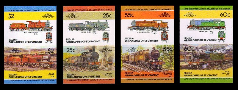 BEQUIA (Grenadines of St. Vincent) 1985 - Railway, Locomotive, 3rd Series, 4 Imperf Pairs MNH