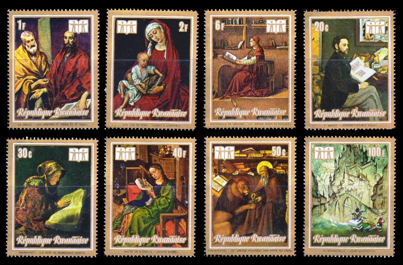 RWANDA 1973 - International Book Year, Paintings of Readers and Writers, Set of 8 Stamps, MNH, S.G. 518-525, Cat. Value £ 7.50
