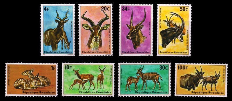 RWANDA 1975 - Antelopes, Animals, Set of 8 Stamps, MNH, S.G. 631-638, Cat. Value £ 22.50