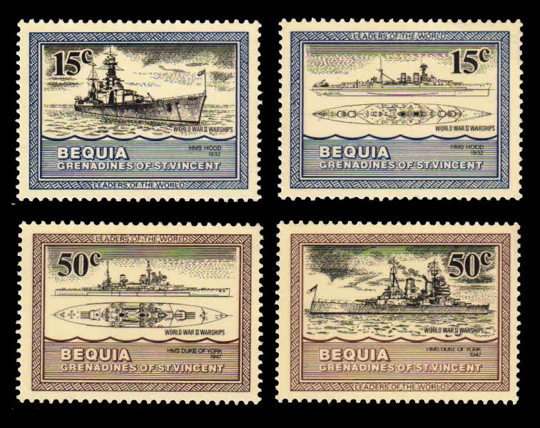 BEQUIA (Grenadines of St. Vincent) 1985 - Warships of the 2nd World War, Set of 4, MNH
