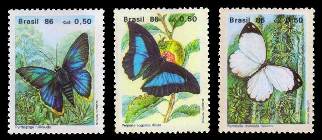 BRAZIL 1986 - Butterflies, Set of 3 Stamps, MNH, S.G. 2219-21, Cat. � 2.50
