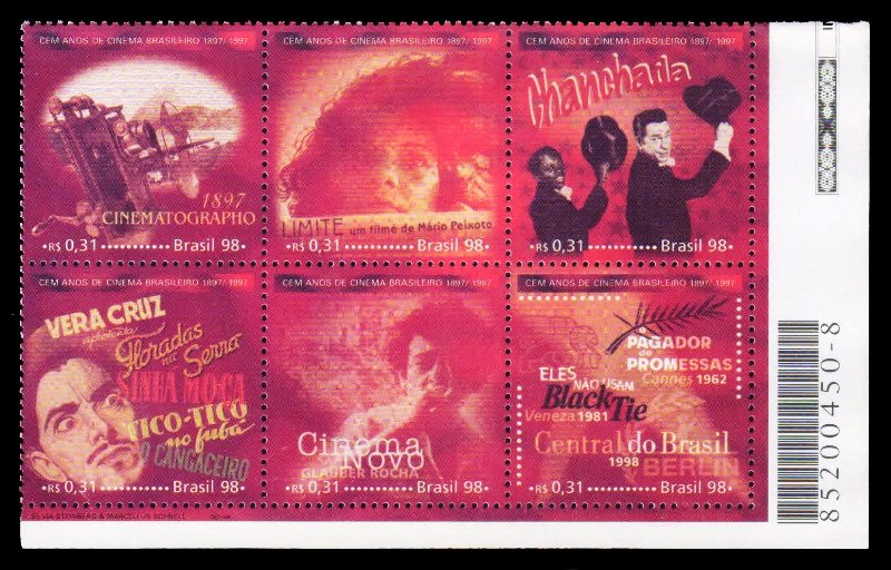 BRAZIL 1998 - Centenary of Brazilian Cinema, Camera, Actor, Posters, Set of 6 Stamps, MNH, S.G. 2959-64, Cat. £ 5