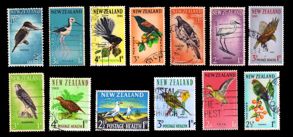 New Zealand - Birds, 13 Different Used Stamps, Health Series, Mostly Old Stamps