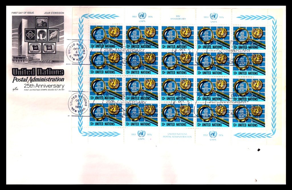 UNITED NATIONS 1976 - Postal Administration 25th Anniversary, Sheet-let of 20 Stamps on First Day Cover, S.G. 284
