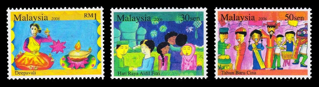 MALAYSIA 2006 - Festivals, Children Paintings, Hari Raye Aidil Fitri, Chinese New Year, Deepawali (Diwali), Set of 3 Stamps, MNH, S.G. 1347-1349