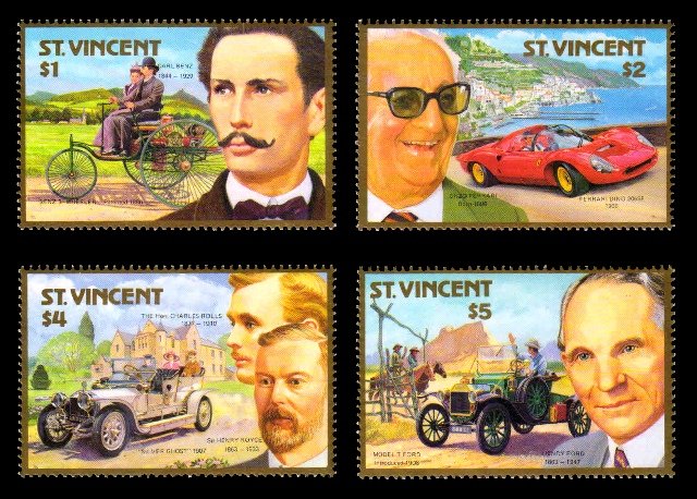 ST. VINCENT 1987 - Century of Motoring, Karl Benz, Henry Ford, Set of 4, MNH, S.G. 1085-1088, Face $ 12