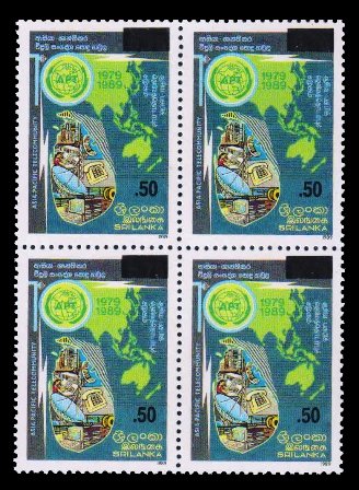SRI LANKA 2007 - Surcharged Issue, 50c on 5.75R, Map of  South East Asia and Telecommunications, Block of 4, MNH, S.G. 1859